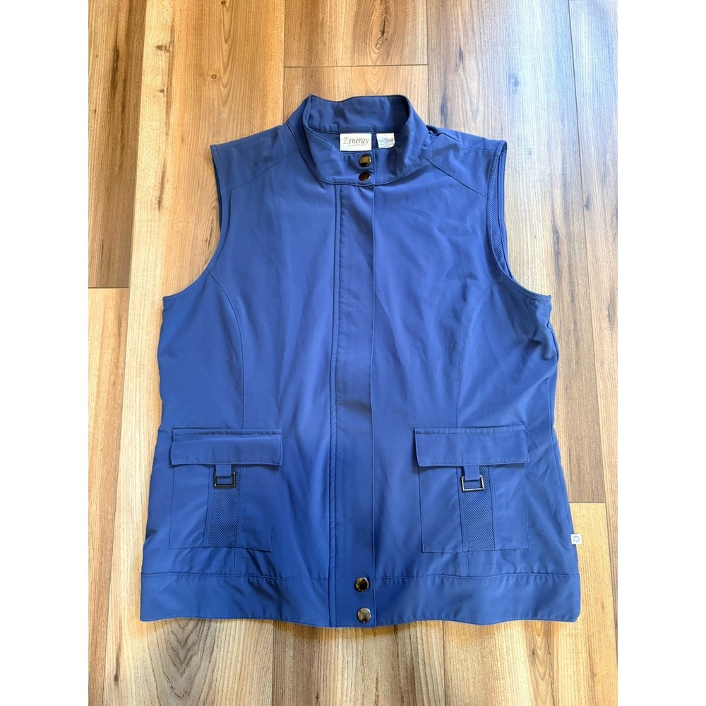 Zenergy By Chico's Women's Sz 1 Or Medium Lightweight Vest Blue Full Zip Pockets